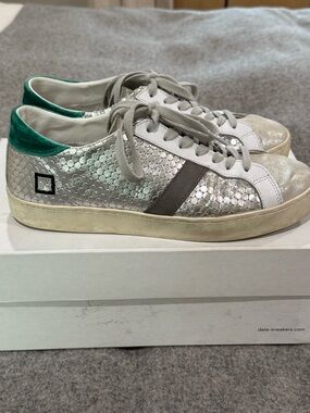 D.A.T.E hill low pong Silver Metallic Low-Top Sneakers with Green Heel - Women's